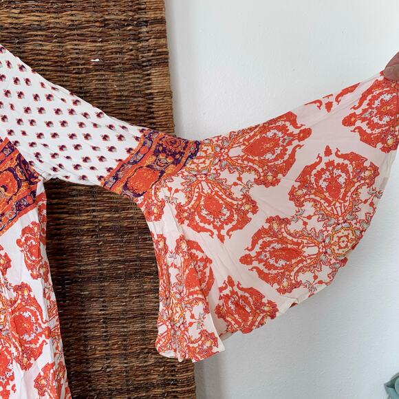 Free People Tunic Mini Dress Small Magic Mystery Boho Bell Sleeve Orange Blouse - Picture 7 of 11